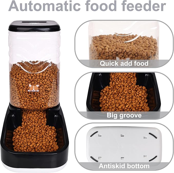 Elevon Automatic Cat Feeder, Gravity Food and Water Dispenser Bowl Set for Small Medium Dogs Animals, Pet Feeder Dispenser Storage Food, 3.8L Large Capacity, Black
