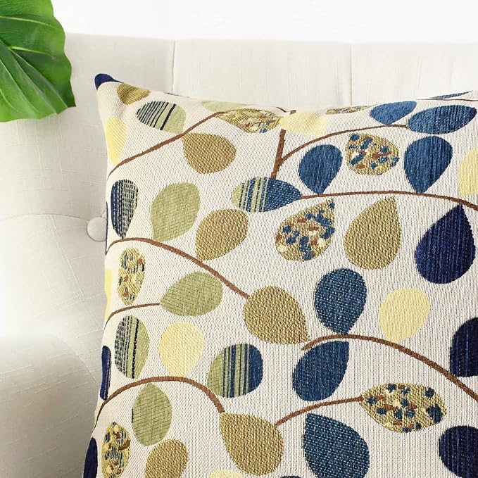 CaliTime Decorative Throw Pillow Covers 20 X 20 Inches Ecru Blue | Luxury Chenille Cute Leaves Cushion Case Shell for Couch Sofa Bed Living Room Home