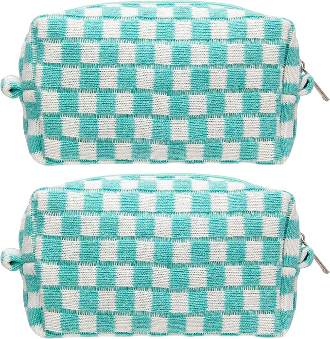 PAZIMIIK Checkered Makeup Bag for Purse Portable Zipper Make Up Pouch Small Cosmetic Case for Travel Accessories (2PCS Arctic Blue)
