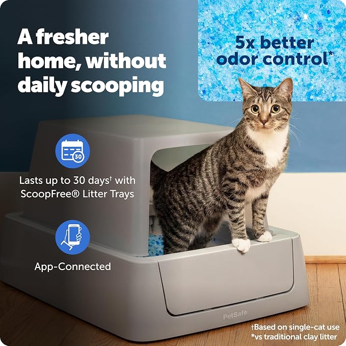PetSafe ScoopFree Crystal Smart Self-Cleaning Litter Box, Front-Entry | 2.4 GHz WiFi & App Enabled, Hands-Free Automatic Cleaning, Superior Odor Control, Includes 1 Disposable Crystal Litter Tray
