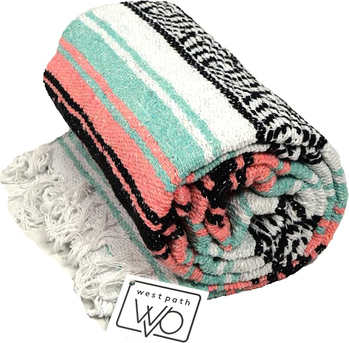 Open Road Goods Bulk Falsa Blankets - Handwoven Authentic Mexican Falsa - Great for Weddings, Yoga, Beach, Picnics, or Mexican Throw! (Mint/Peach, 7 Pack)