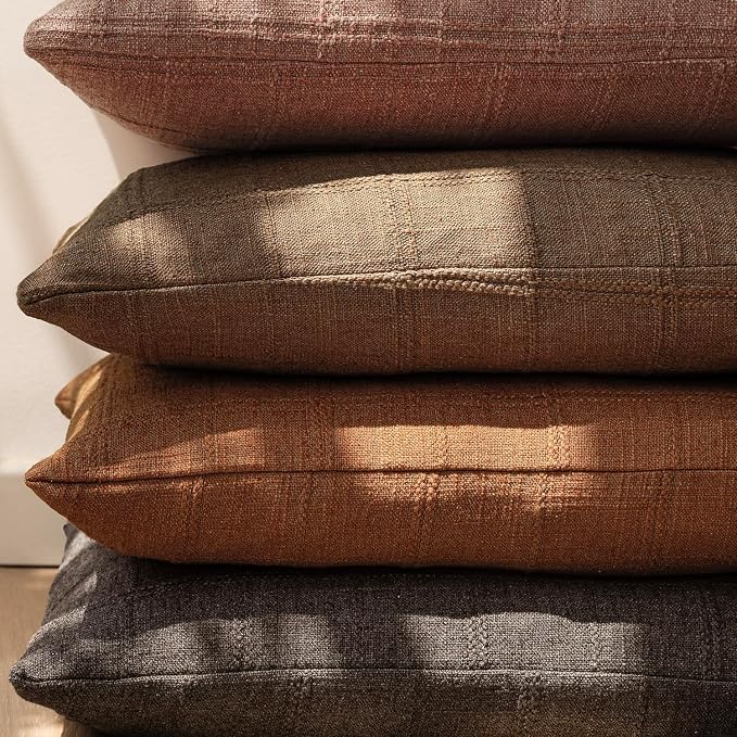 Foindtower Set of 2 Decorative Linen Check Throw Pillow Covers Neutral Farmhouse Vintage Cushion Covers Modern Boho Home Decor for Sofa Chair Couch Bedroom Living Room,20×20 Inch,Dark Brown