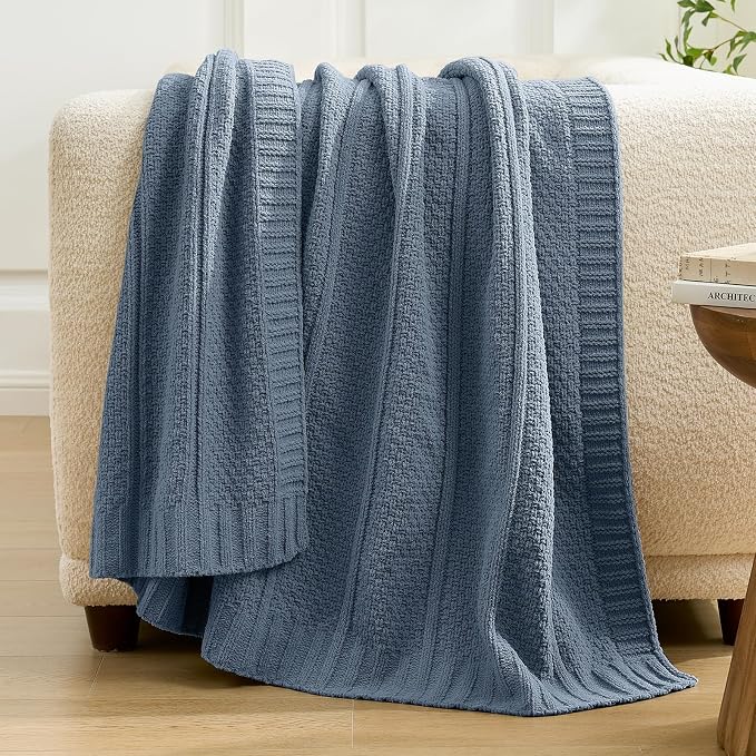 Chenille Throw Blanket for Couch, Soft Cozy Chunky Knit Blanket, Moss Stitch Throw for Sofa, Bed, Living Room, Lightweight Warm Home Decor, Dusty Blue 50"x60"