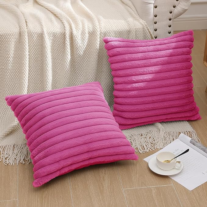 Pallene Faux Fur Decorative Throw Pillow Covers 24x24 Set of 2, Hot Pink | Luxury Plush Texture, Striped Design, Cozy Soft Touch, Modern Home Accent Decor for Couch, Sofa, Bed, Living Room