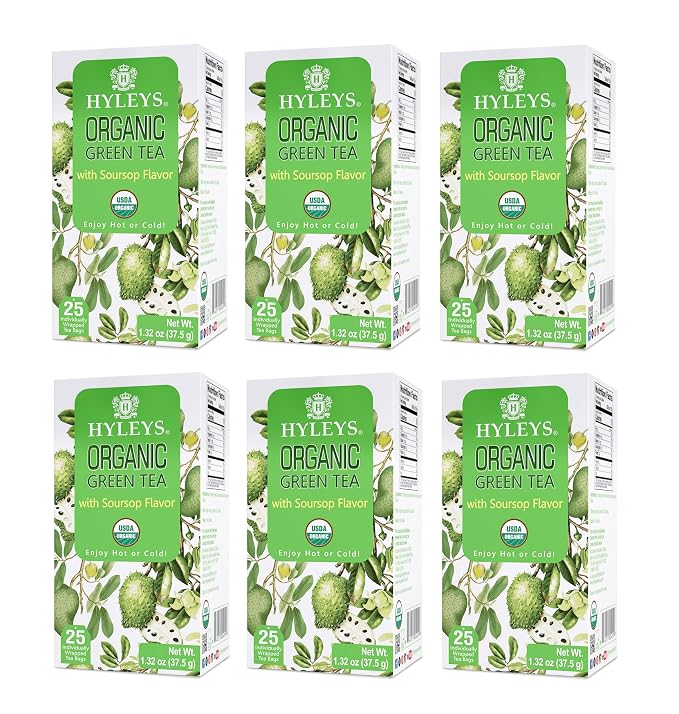 HYLEYS Organic Green Tea with Soursop Flavor, 150 Individually Wrapped Tea Bags (6 Pack of 25) - USDA Organic Graviola Guanabana Tea with Light Caffeine