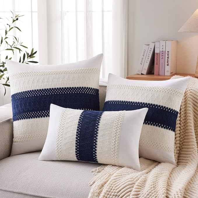 2pk Boho Pillow Covers 22x22, Natural White/Contrast/Navy Blue | 100% Organic Cotton Body, Stripe Embroidery, Farmhouse Decorative Cushion Covers for Sofa Bed Living Room Home Decor