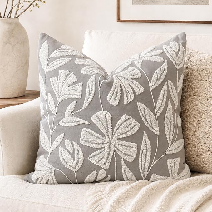 Throw Pillow Cover 20x20 Inch, Light Gray Floral Tufted Velvet Decorative Accent Pillow Case for Sofa Bed Living Room, Cover Only