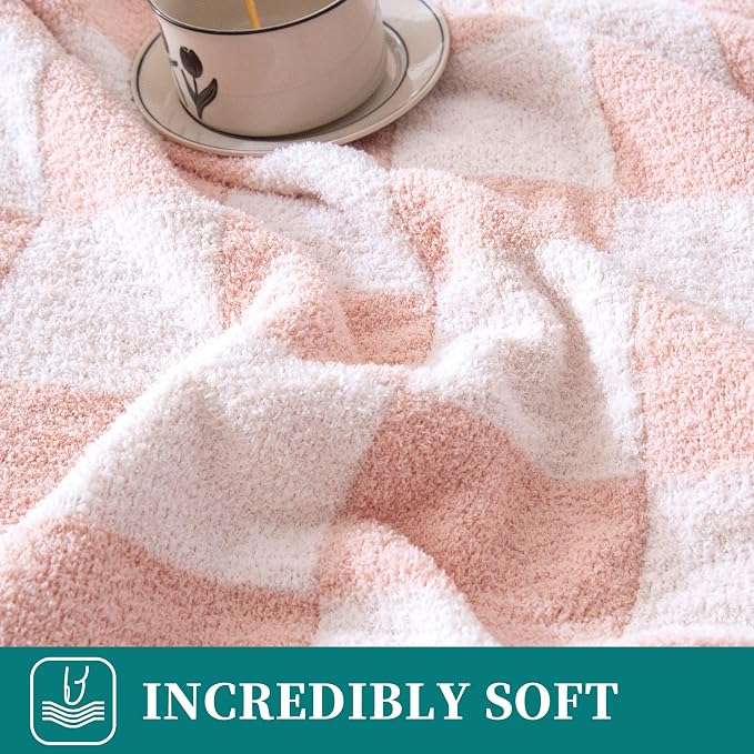 SeaRoomy Fuzzy Checkered Throw Blanket for Bed Decor,Light Pink 90"X90" | Warm,Cozy,Fluffy,Lightweight,Gift for Women Couch Sofa Bed Room Decor