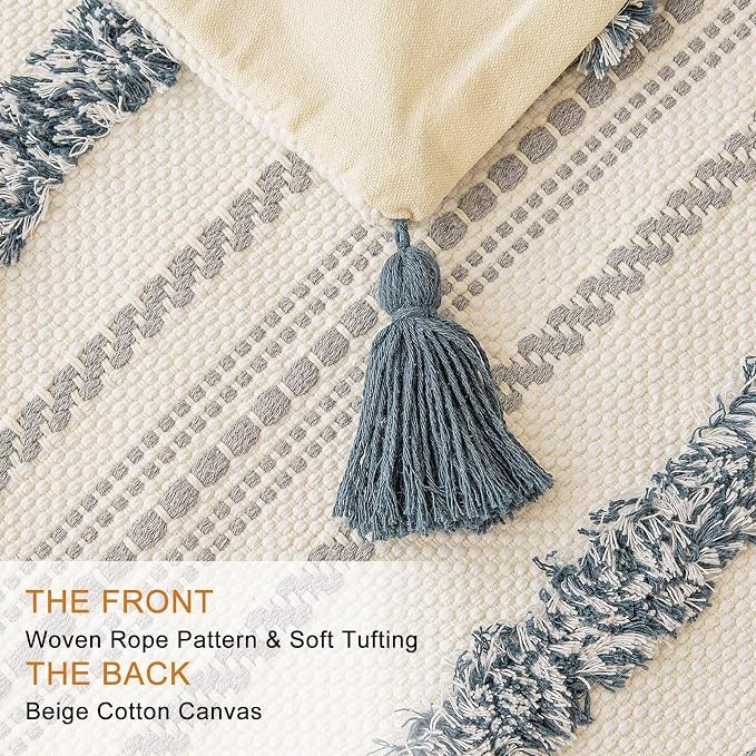 BUIOVBEY Boho Throw Pillow Covers Woven Tufted Pillow Cases with Tassels | Farmhouse Pillow Covers 20x20 Set of 2 Textured Striped Cushion Case Neutral Decorative Pillowcase for Sofa Couch Dark Blue