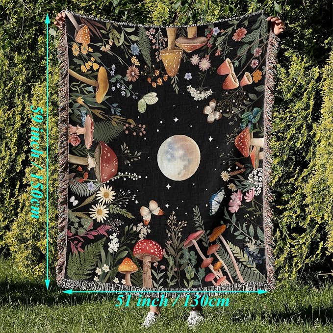 Moonlit Garden Woven Throw Blanket Cotton Boho Throw Blanket Moon Plant Blankets Boho Chic Decor Reversible Cute Witchy Throws Blankets with Tassels Bohemian Room Decor Luxury Couch Throws 51”x59”