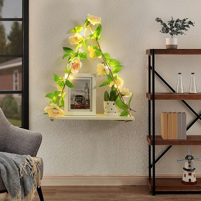 Floating Shelves for Wall,Hanging Shelves,Room Decor,Wall Decor,Boho Decor | Floating Shelves No Drill,Trinket Shelf,Cottage Core Wall Decor,2-Pack Shelf Set Includes Artificial Pink Rose & LED Lights