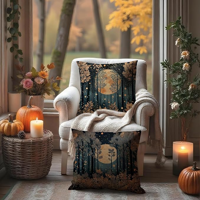 Rustic William Morris Inspired Gold Forest Moon Pillow Covers 18x18 Set of 2,Vintage Black and Gold Moon Nature Landscape Botanical Decorative Throw Pillow Covers for Home Bedroom Living Room