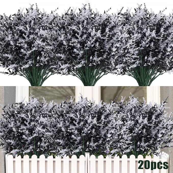 RECUTMS Black Flower,Black Fake Plants Decor,20 Bundles Artificial Flowers | Halloween Gothic Decor,Fake Outdoor Plants Faux UV Resistant Lavender Flower Plastic Shrubs Indoor Outside Hanging Decoration