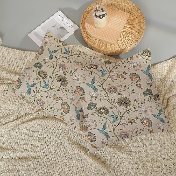 Chinoiserie Pillow Covers 18x18 Inch Set of 2 Blue Green Bird Floral Throw Pillows Vintage Plants Flower Decorations Pillow Cases Outdoor Chinoiserie Decor Linen Cushion Cover for Couch Home