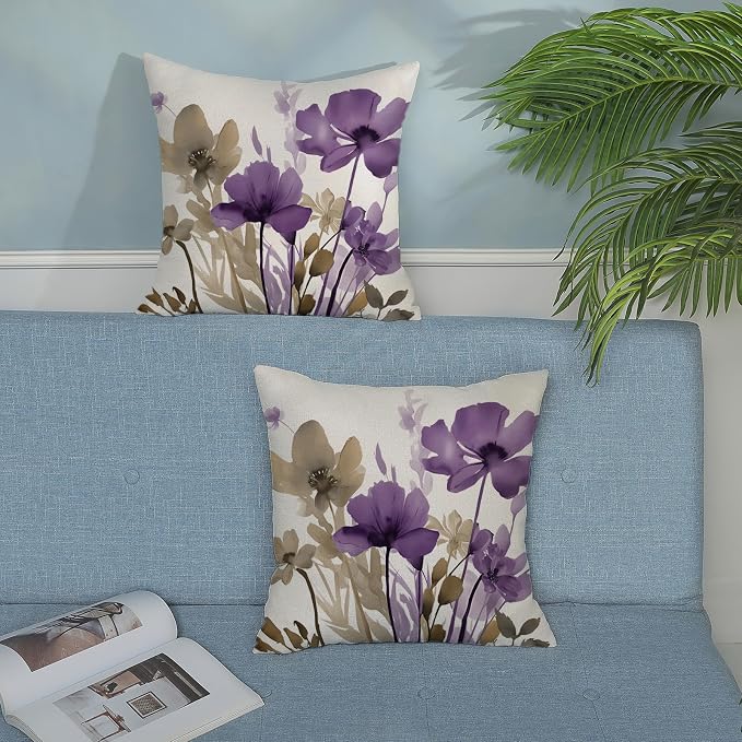 Spring Floral Pillow Covers 18x18 Inches Set of 2 Brown Purple Floral Throw Pillow Cover Outdoor Summer Flower Decoration Pillowcase Farmhouse Decorative Linen Cushion Cover for Home Couch