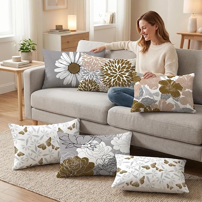 COMMINY Brown Grey Lumbar Pillow Covers 12x20 Set 6 Linen Throw Cover | Daisy Dhalia Pattern, Lumbar Pillow Size, Breathable Linen, Bed Bench Office Chair, Neutral farmhouse decor