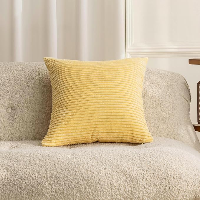 Home Brilliant Throw Pillow for Couch Yellow Square Decorative Euro Sham Modern Striped Corduroy Summer Pillow Cover 24x24 for Chair Sofa Bench Bedroom Decor, 24 x 24 inch (60cm), Light Yellow