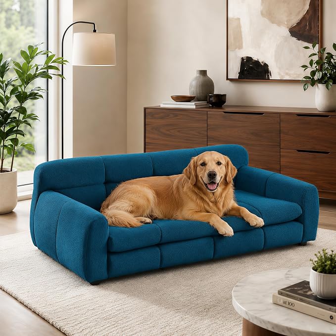 51"×28" Large Dog Sofa, for Large & Extra Large Dogs | Detachable Cushion | Reinforced Low Base|Non-Sagging |Breathable Linen Fabric | Soft Cushion | Armrest & Backrest | Blue