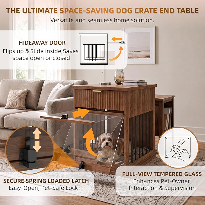 Dog Crate Furniture End Table for Small Dogs with Charging Station (Brown)