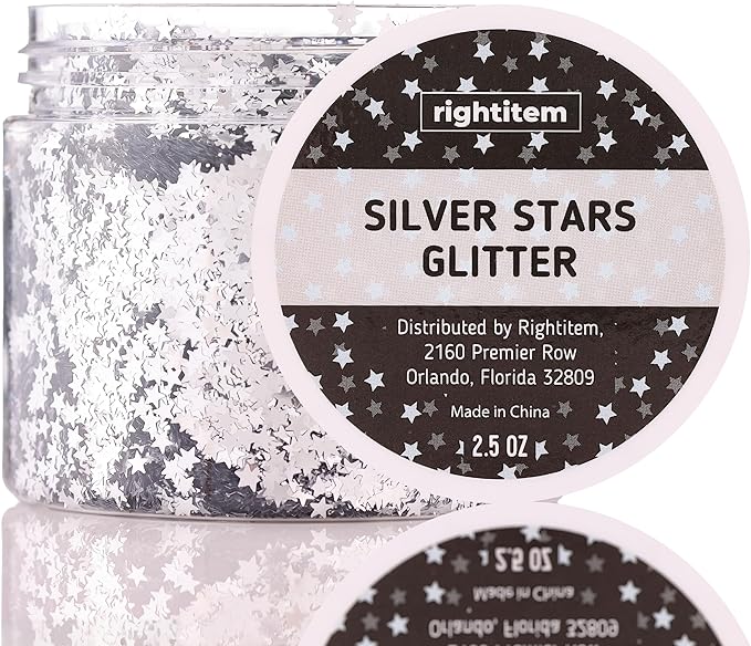 Nail Glitter - Silver Stars Chunky Glitter in Jar - 2,5 Oz Christmas Glitter for Crafts - Glitter for Slime - Face Glitter - Candle Glitter - Body Glitter