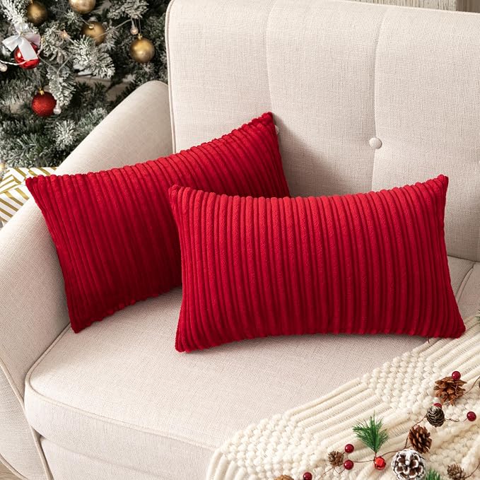 UGS UGASA Valentines Super Soft Plush Corduroy Pillow Covers Velvet Rectangular Striped Decor Cushion Cases for Livingroom/Couch, 1 Piece, 12"x20"(30x50cm), Burgundy