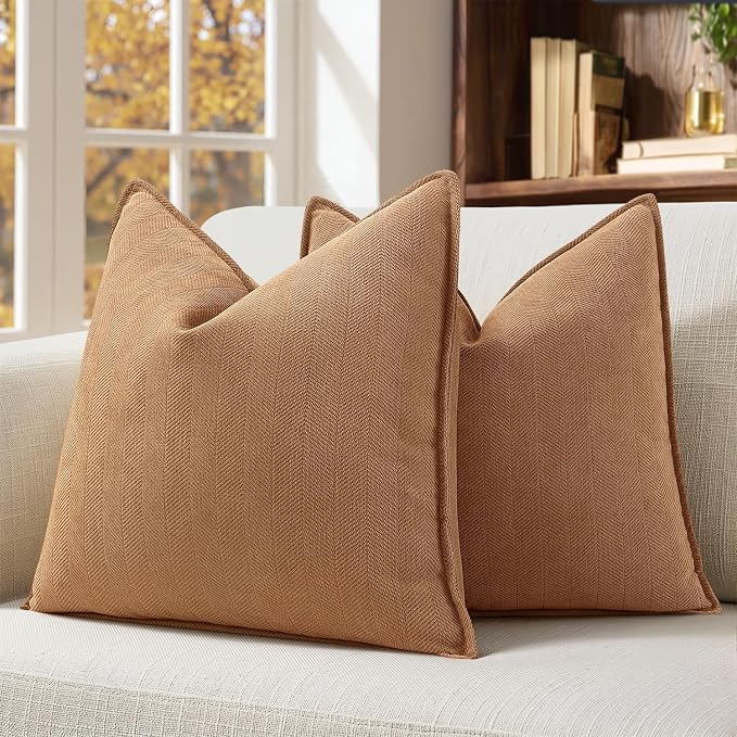 MIULEE Pack of 2 Camel Decorative Chenille Pillow Covers 18x18 Inch | Soft Couch Throw Pillows,Farmhouse Cushion Covers with Elegant Design for Sofa,Bedroom,Living Room,Spring Home Decor