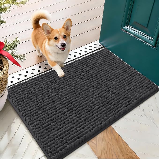 OLANLY Dog Door Mat for Muddy Paws 24x16, Extra Absorbent Chenille Mud Mat | Dark Grey, Absorbs Moisture and Dirt, Non-Slip Machine Washable Doormat, Quick-Drying Indoor Entryway Floor Mat for Dogs