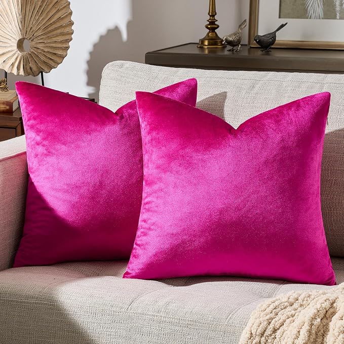 GIGIZAZA Hot Pink Velvet Pillow Covers 16x16 Decorative Pillows Pack of 2 | Throw Pillows for Couch Sofa,280gsm Soft Textured Fabric,Modern Square Pillowcases,Luxury Cushion Covers