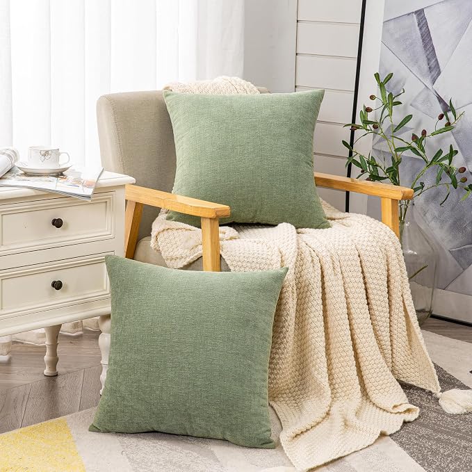 GAWAMAY Decorative Square Sage Green Throw Pillow Covers 18"x18" Inch Set of 2, Super Soft Chenille Pillows Farmhouse Fall Pillowcase for Living Room Bedroom Sofa Couch Cushion Cover 45x45cm