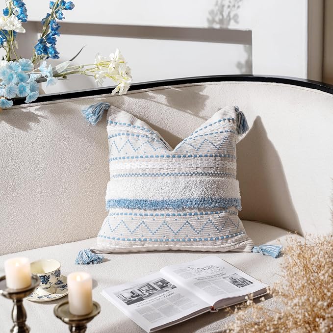 18X18 Throw Pillow Cover, Coastal Blue Square Decorative Cushion Cover, Boho Accent Pillowcase with Tassels for Couch Sofa Living Room (Cover Only)