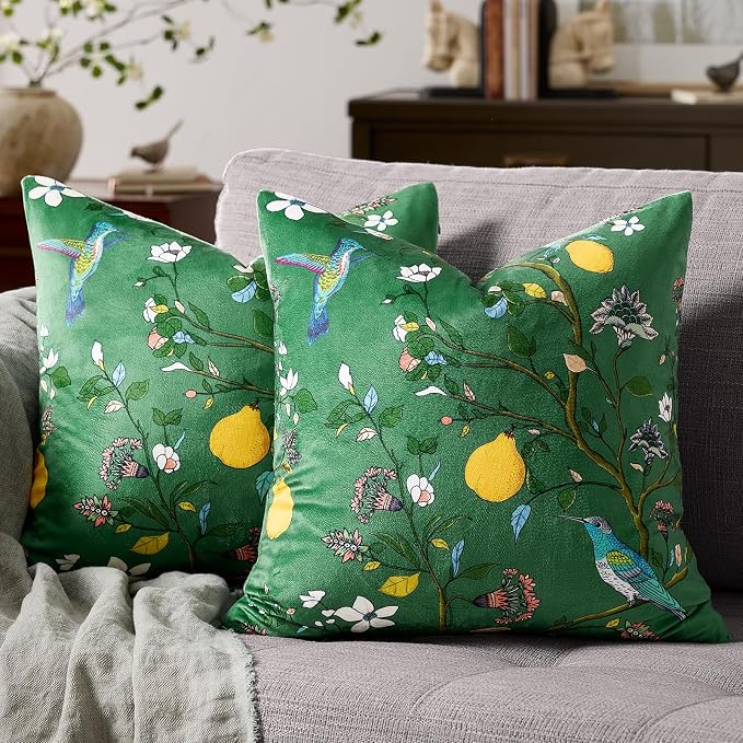 MUSSEL Green Floral Vintage Decorative Pillow Covers 18x18 Set of 2 | Soft Velvet,Wild Flower Plant,Throw Pillows Case,Square,Colorful Farmhouse Cushion Covers,Home Sofa Bed Couch Decor