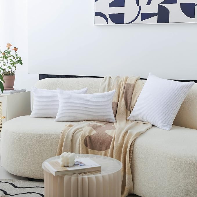 Home Brilliant Euro Sham 24x24 Summer Pillow Cover Striped Corduroy Textured Velvet European Throw Pillowcase for Couch Sofa, 24 x 24 inch (60cm), Pure White