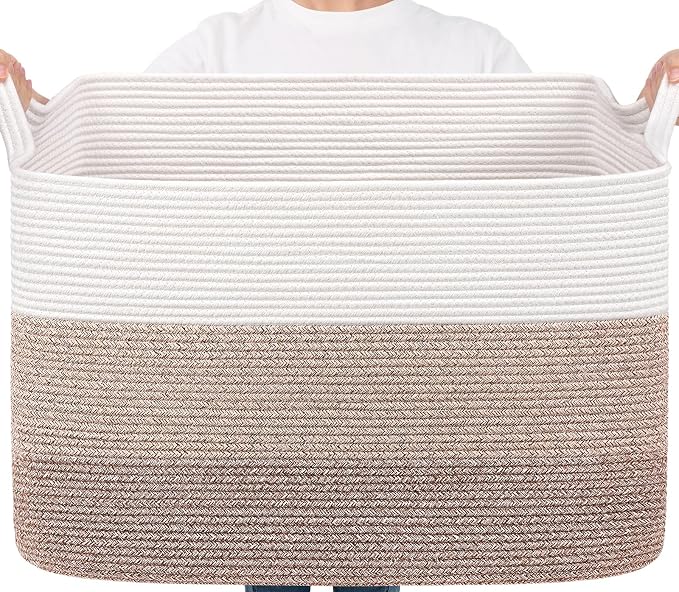 Goodpick 105L Extra Large Woven Rope Blanket Basket, Rectangle, Light Brown | 25'' x 16'' x 16'' Storage Basket for Blankets, Pillows, Toys & Clothes, Living Room, Bedroom & Nursery Organization