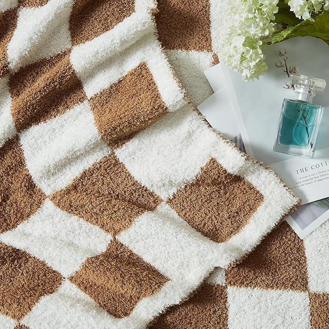 Soft Twin Size Checkered Blanket for Bed-Cozy Knitted Blankets | Lightweight Fluffy Warm Decor for Women, Mom, Her & Girls, Sofa, Chair, Couch, 60x80in,Burnt Orange