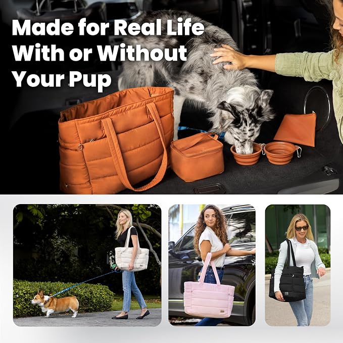 Rubyloo Puffer Dog Travel Bag for Dog Moms, Diaper Bag with Travel Bowls