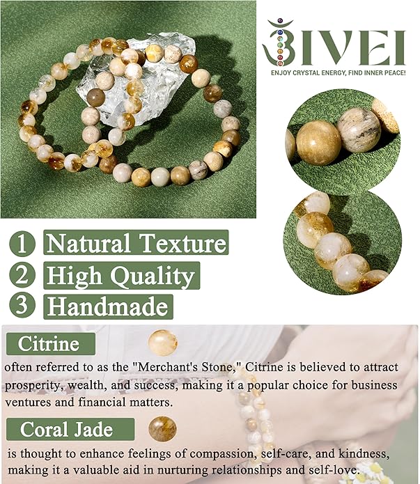 Bivei Natural Gemstone Semi Precious Healing Crystals Handmade Stretchy Round Beads Bracelet,Stocking Stuffers for Women Enhance Positive Energy