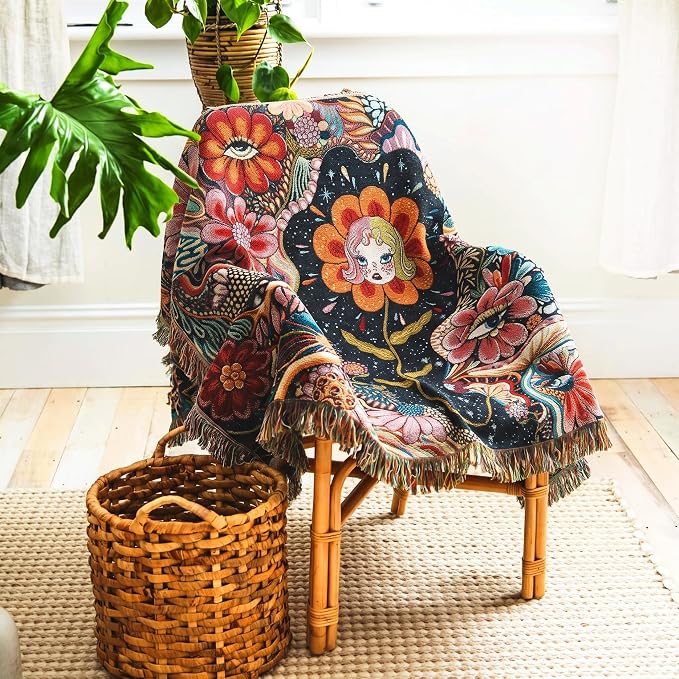 Woven Hippie Boho Throw Blanket for Couch Bed Chair Lounge Boho Room Decor Reversible Cotton Whimsical Throw Blanket Witchy Room Decor Aesthetic Throws Bed Spread Outdoor Camping Blankets 51x59 Inches