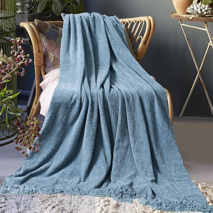Chenille Throw Blanket for Couch 60" x 80" Twin, Dusty Blue | Soft Cozy Warm Throws with Fringe Tassel, for Living Room Bed Sofa Chair Cover, Lightweight Knitted Decorative Boho Blankets
