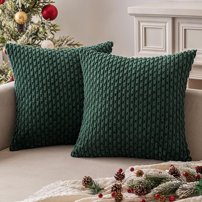 MIULEE Decorative Throw Pillow Covers 18x18 Dark Green Textured Corduroy | Pack of 2 Striped Pillow Covers Modern Farmhouse Home Decor for Couch Bed Sofa Living Room