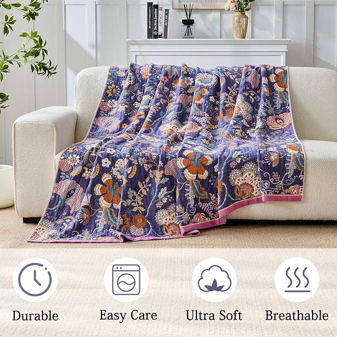 Boho Throw Blanket Farmhouse Decor Throw Blanket Bohemian Blanket for Bed 100% Cotton Muslin Woven Couch Blanket All Seasons Quilt Bedroom (H-Purple, 80"x90")