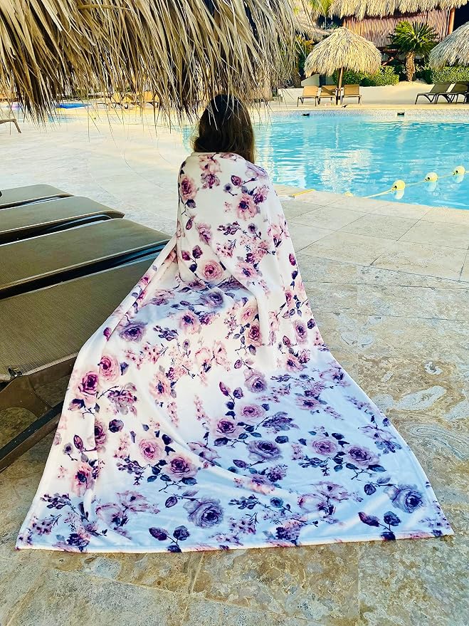 Decorative Floral Fleece Throw Blanket: Velvety Soft Plush Rose Flower Accent for Couch or Bed, Blush Pink Purple Navy Blue Grey on White, Oversized 50" x 70" Inches