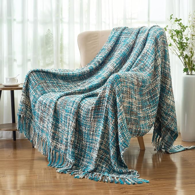 Multi-Color Cable Woven Throw Blanket for Couch - 60"X80" | Multicolored Boho Style,Super Soft Warm Cozy Chunky Blankets with Decorative Tassels for Bed and Sofa,Teal