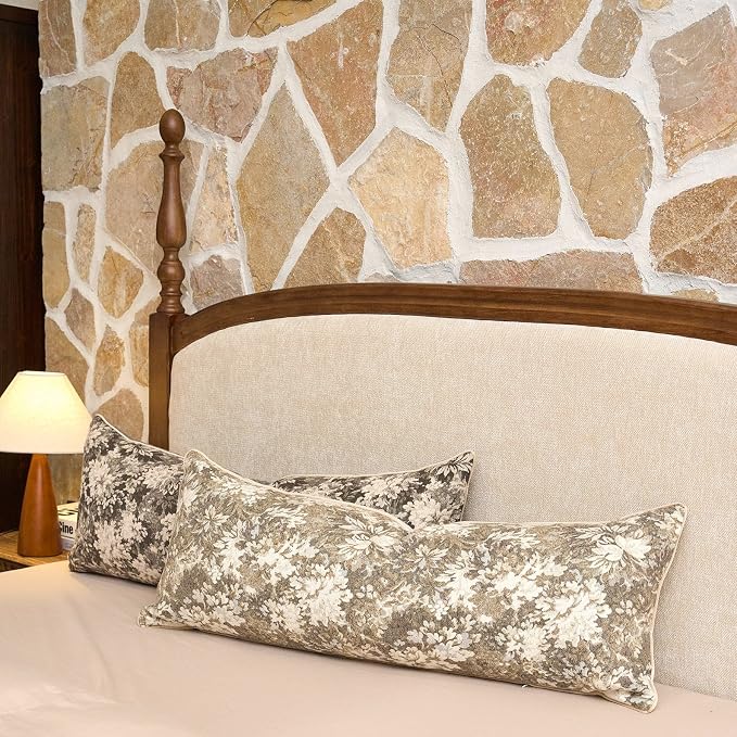 Neutral Floral Pillow Cover 14 x 36 Inches, Vintage Chenille Accent Throw Pillow Cover Soft Decorative Farmhouse Accent Couch Pillow Cover for Living Room Bedroom, Grey