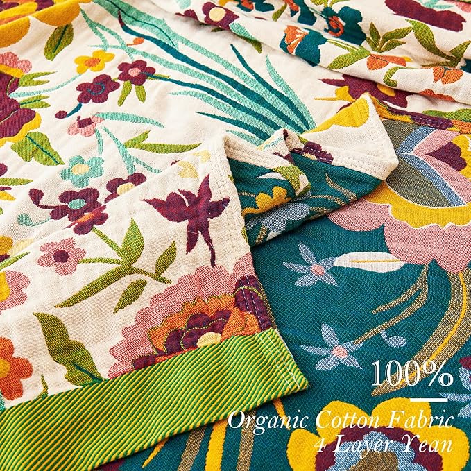 VANJOROY Boho Throw Blanket 50" x 60", 100% Organic Cotton Skin-Friendly Soft Bed Quilt Throw - All Season Floral Rustic Farmhouse Decor Luxury Blanket for Sofa Couch Chair and Gift.