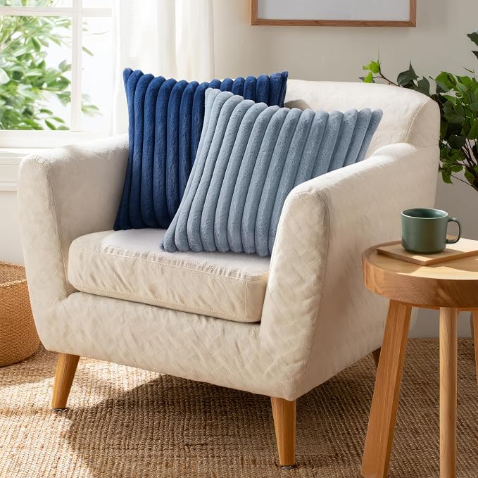 Pallene Faux Fur Decorative Throw Pillow Covers 16x16 Set of 2, Blue Grey | Luxury Plush Texture, Striped Design, Cozy Soft Touch, Modern Home Accent Decor for Couch, Sofa, Bed, Living Room
