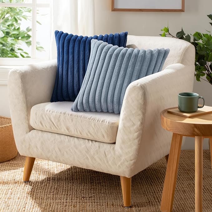 Pallene Faux Fur Decorative Throw Pillow Covers 22x22 Set of 2, Blue Grey | Luxury Plush Texture, Striped Design, Cozy Soft Touch, Modern Home Accent Decor for Couch, Sofa, Bed, Living Room