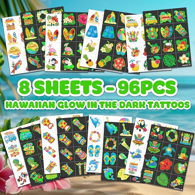 96 PCS Hawaiian Luau Pre-Cut Luminous Glow in the dark Temporary Tattoos for Kids | Super Cute Themed Birthday Party Favors, Supplies, Decorations, Summer Fake Tattoo Stickers Gifts for Boys Girls
