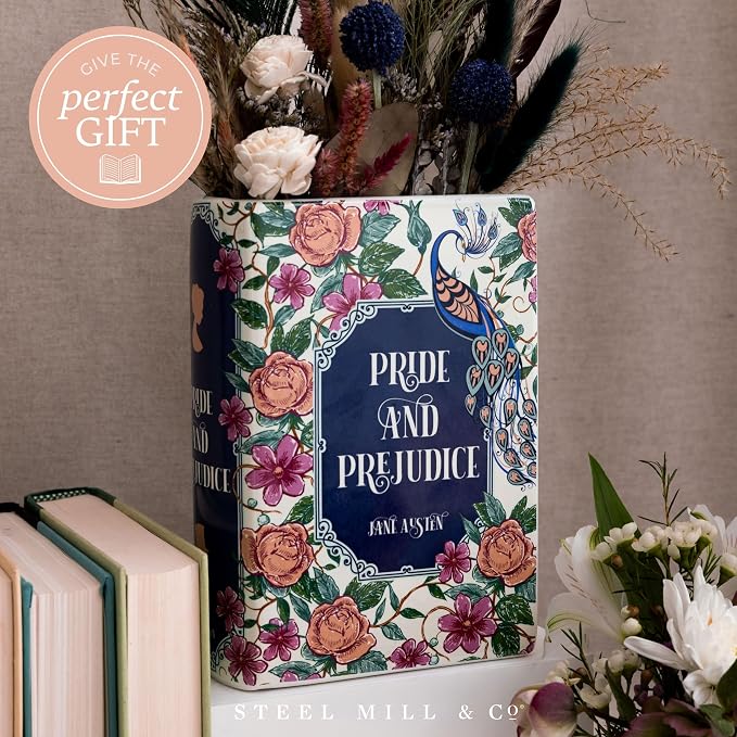 Steel Mill & Co. Ceramic Book-Shaped Vase, Pride and Prejudice | Original Large Decorative Vases for Home Decor, Cute Classic Bookshelf Decor, Unique Vase for Book Lovers