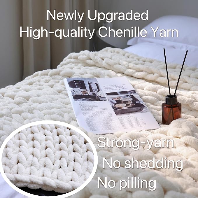 Maetoow Chenille Chunky Knit Blanket,Handmade Cozy for Home Decor,82×86,Cream