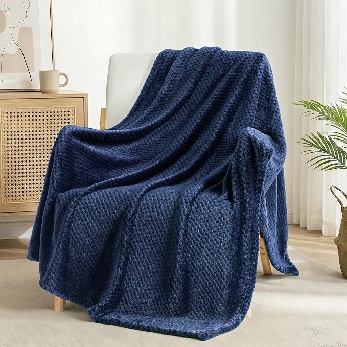 Exclusivo Mezcla Soft Waffle Fleece Bed Blanket King Size, Navy | Lightweight Plush Blanket for Bed, Bedroom, Cozy Flannel with Waffle Texture, Stylish Home Decor, All Season, 104x90 Inches
